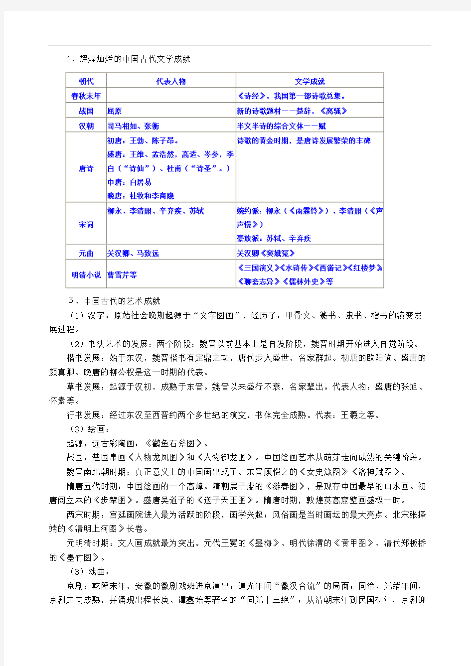 高中历史必修3《第三单元 古代中国的科学技术与文学艺术》知识总结