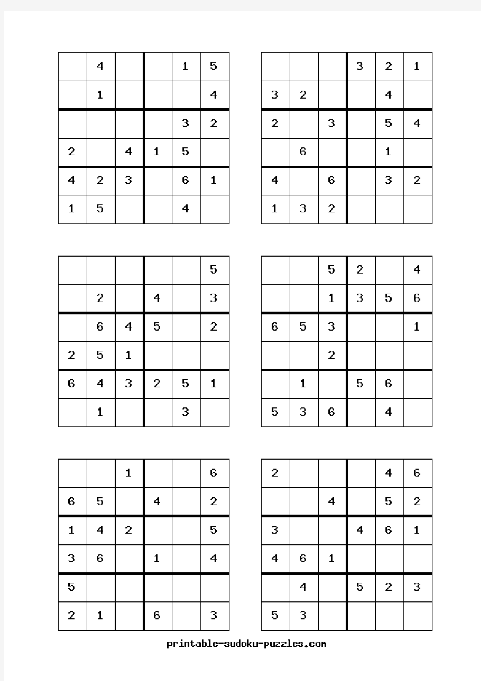 (完整版)六宫格数独练习题(可直接打印,每页6题,共26页)