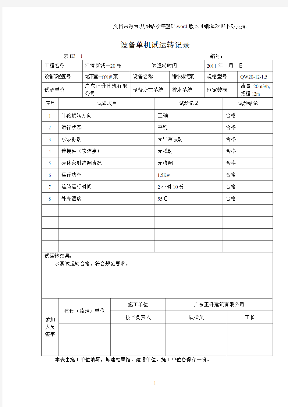 E3-1设备单机试运转记录