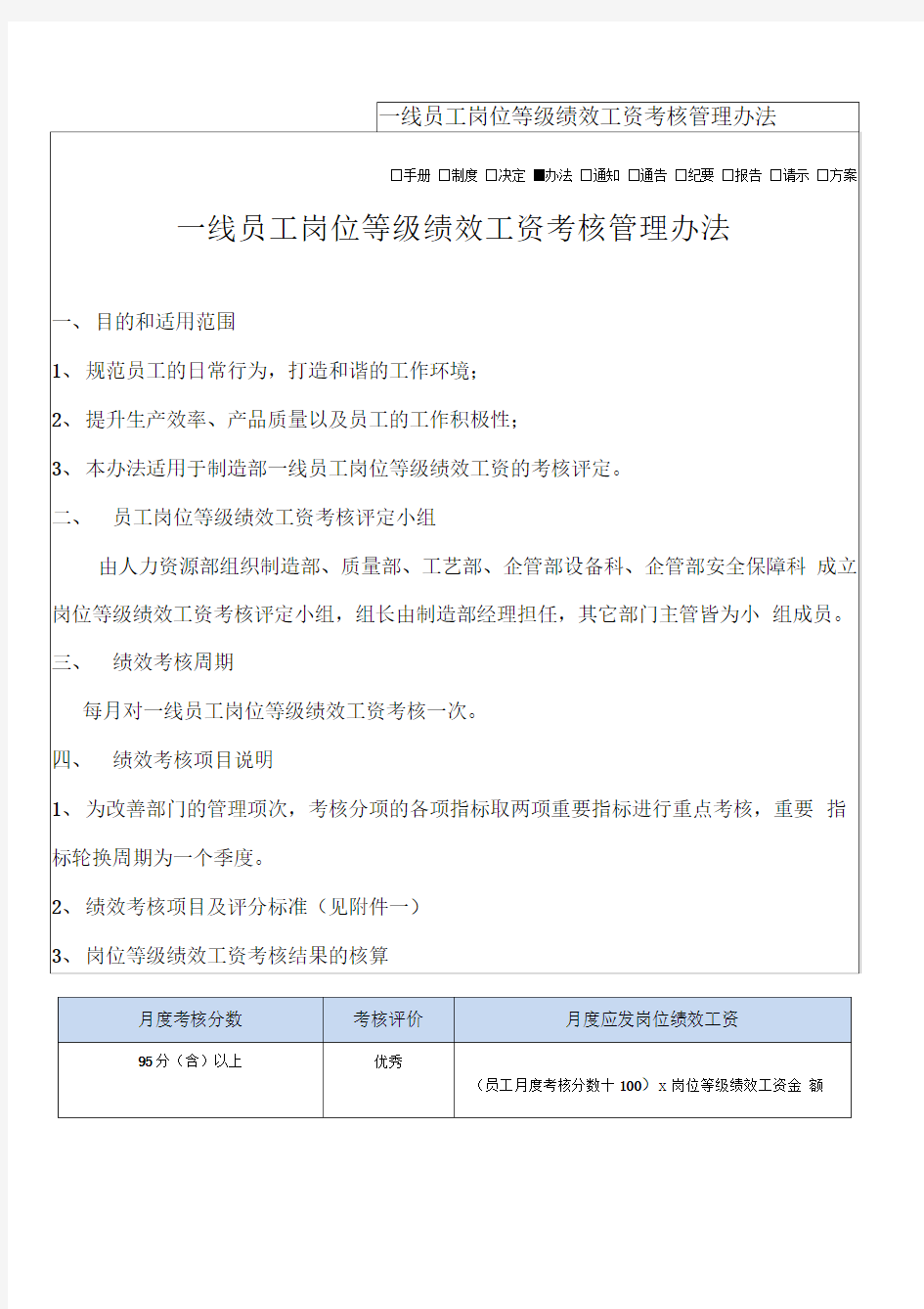 一线员工岗位等级绩效工资考核管理办法