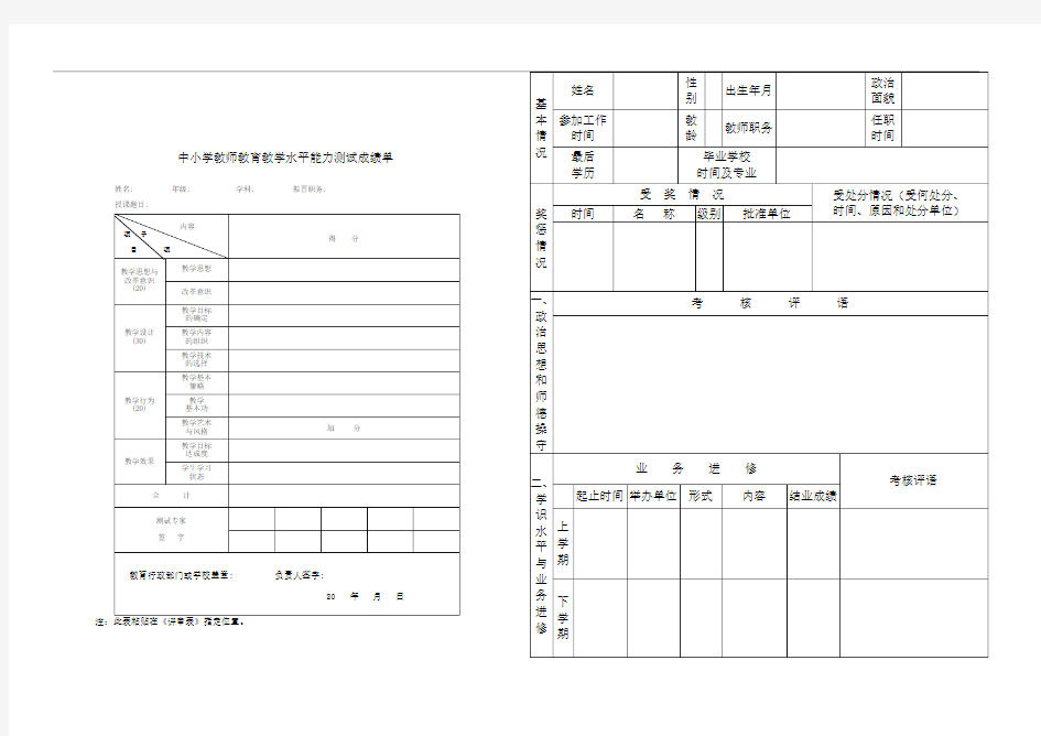 中小学教师教育教学水平能力测试成绩单-定级--评职称