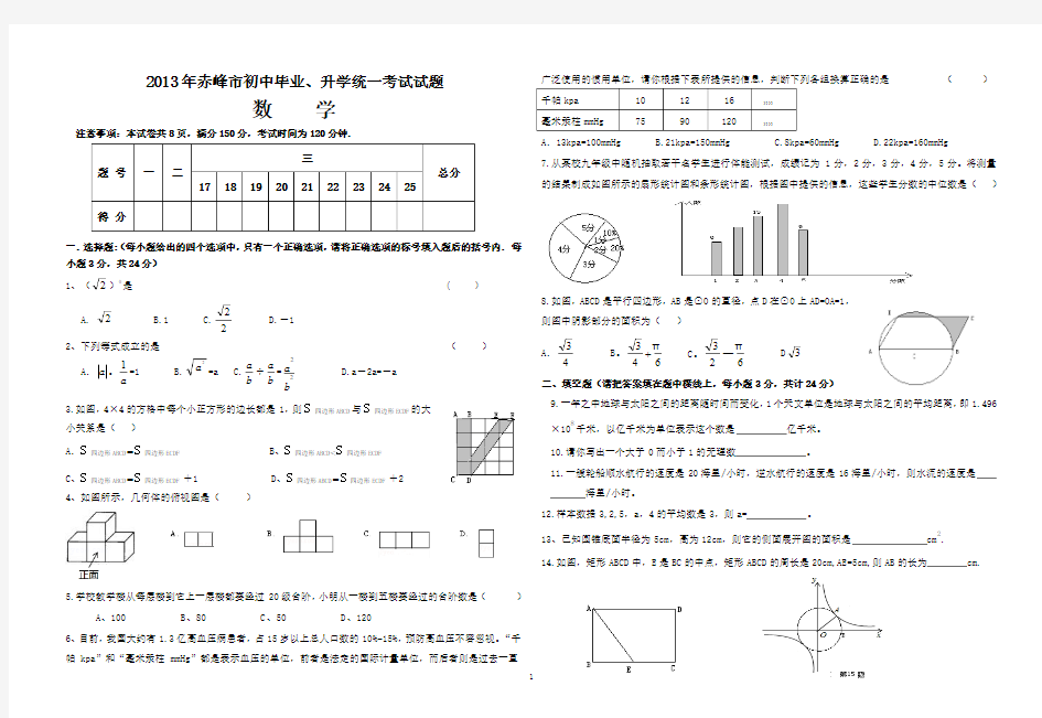 2013年赤峰市初中毕业、升学统一考试试卷(数学)