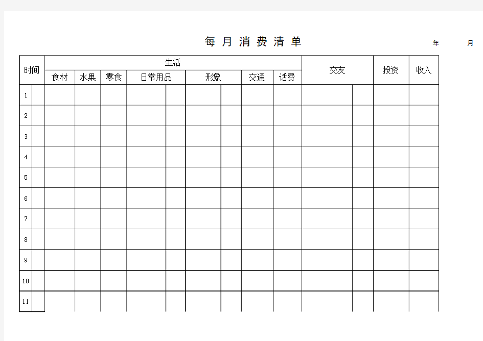 家庭日常消费表、记账单