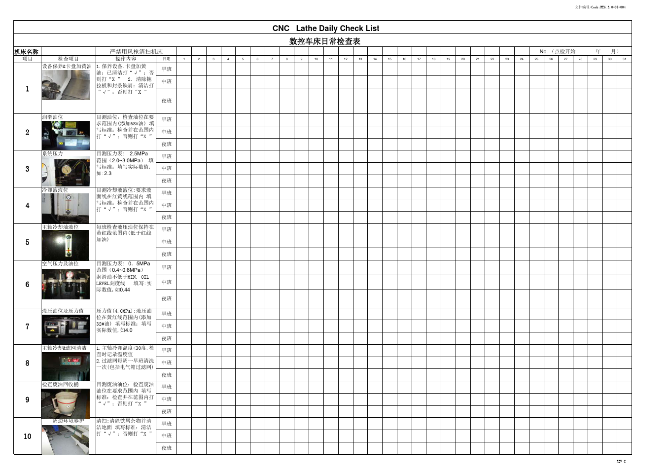 数控机床日常点检表