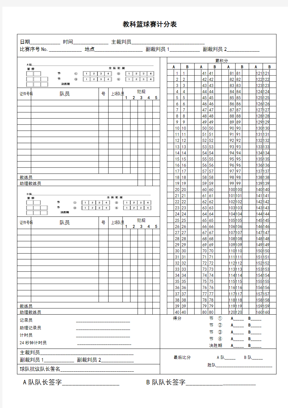 篮球赛计分表