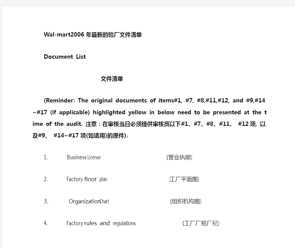 沃尔玛验厂文件清单