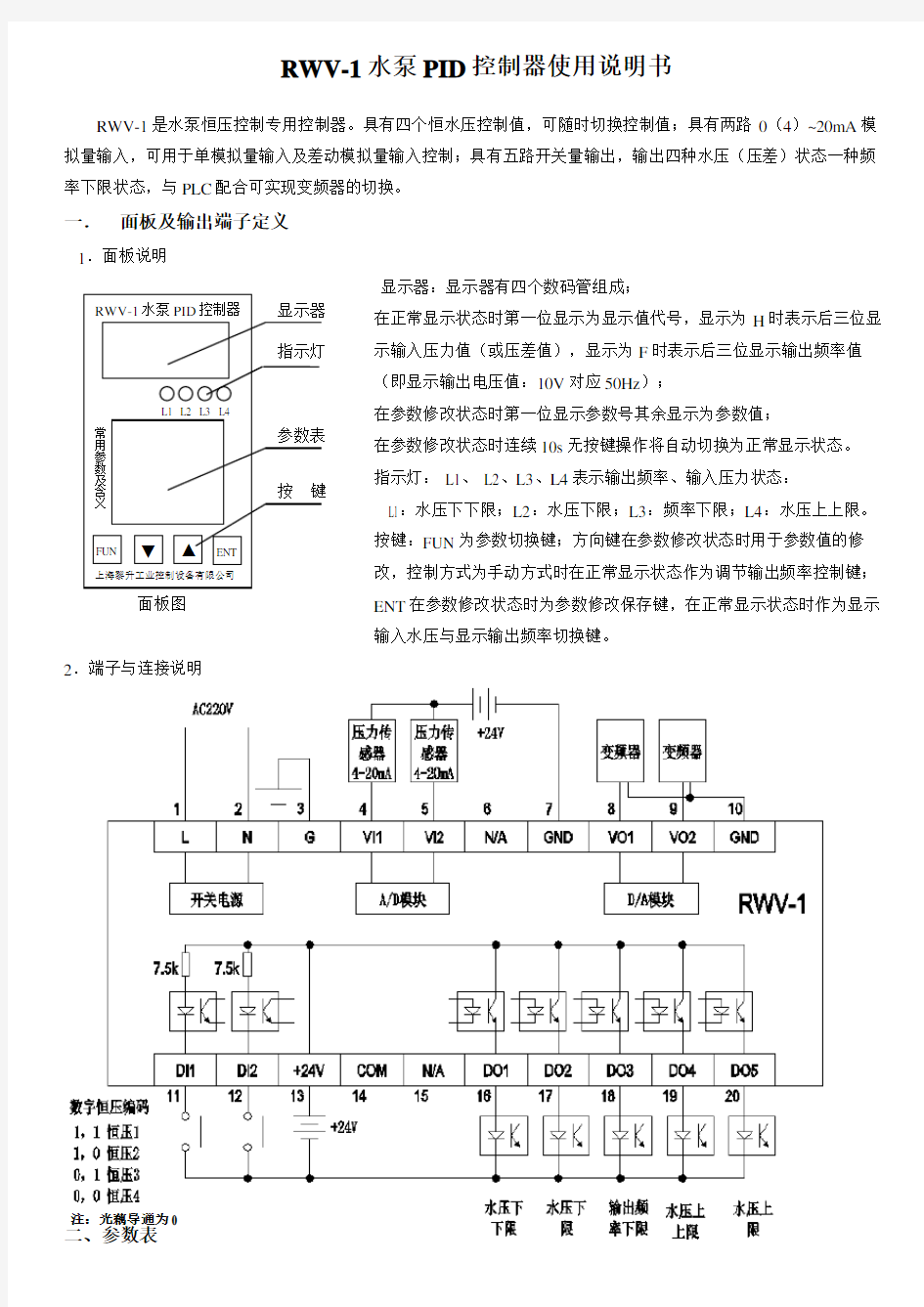 RWV-1水泵PID控制器说明书