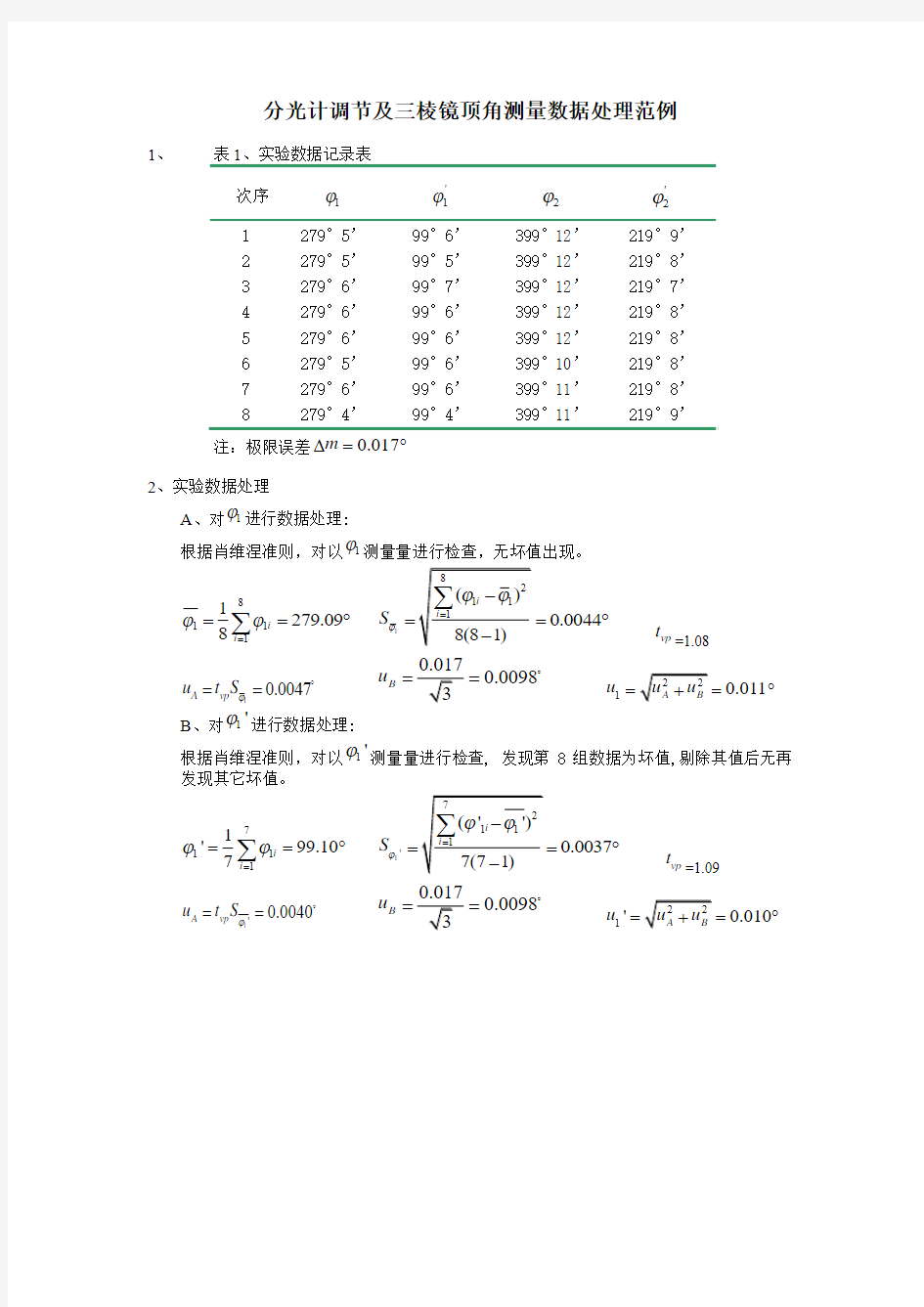 分光计调节及三棱镜顶角测量数据处理范例