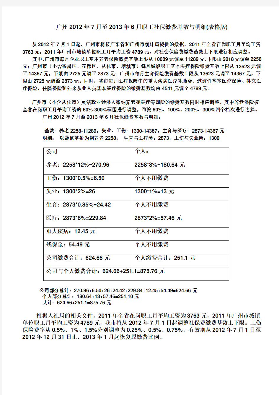 广州市2012年7月至2013年6月职工社保缴费基数与明细(最新表格说明)