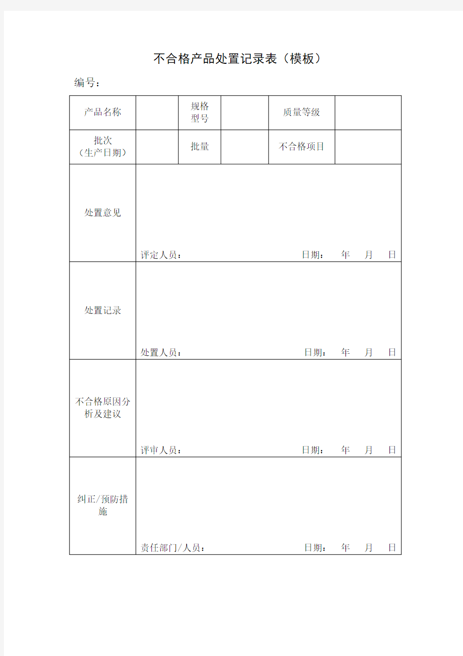 不合格产品处置记录表(模板)