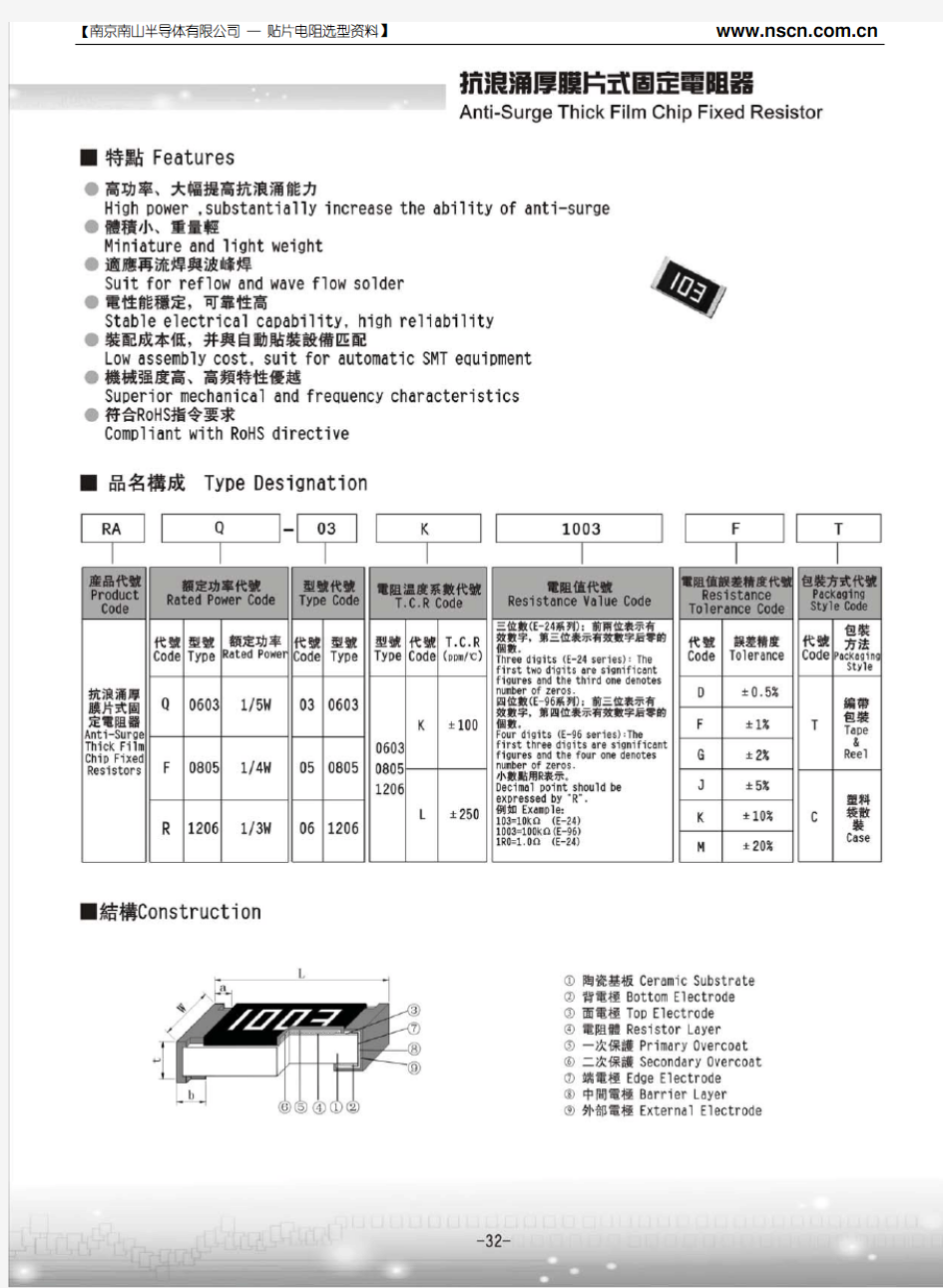 风华抗浪涌贴片电阻器规格书(选型手册)