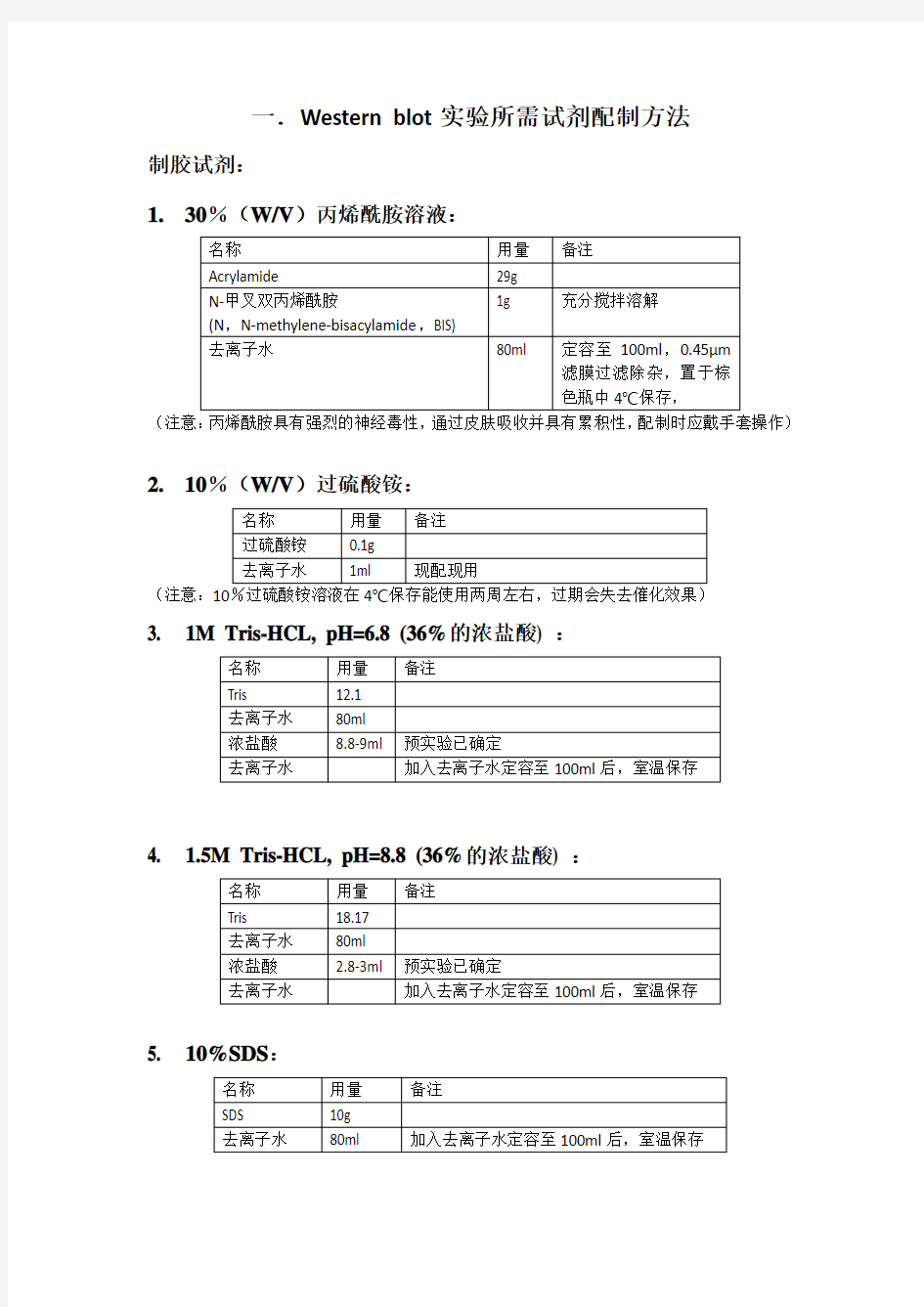 Western blot实验所需试剂配制方法