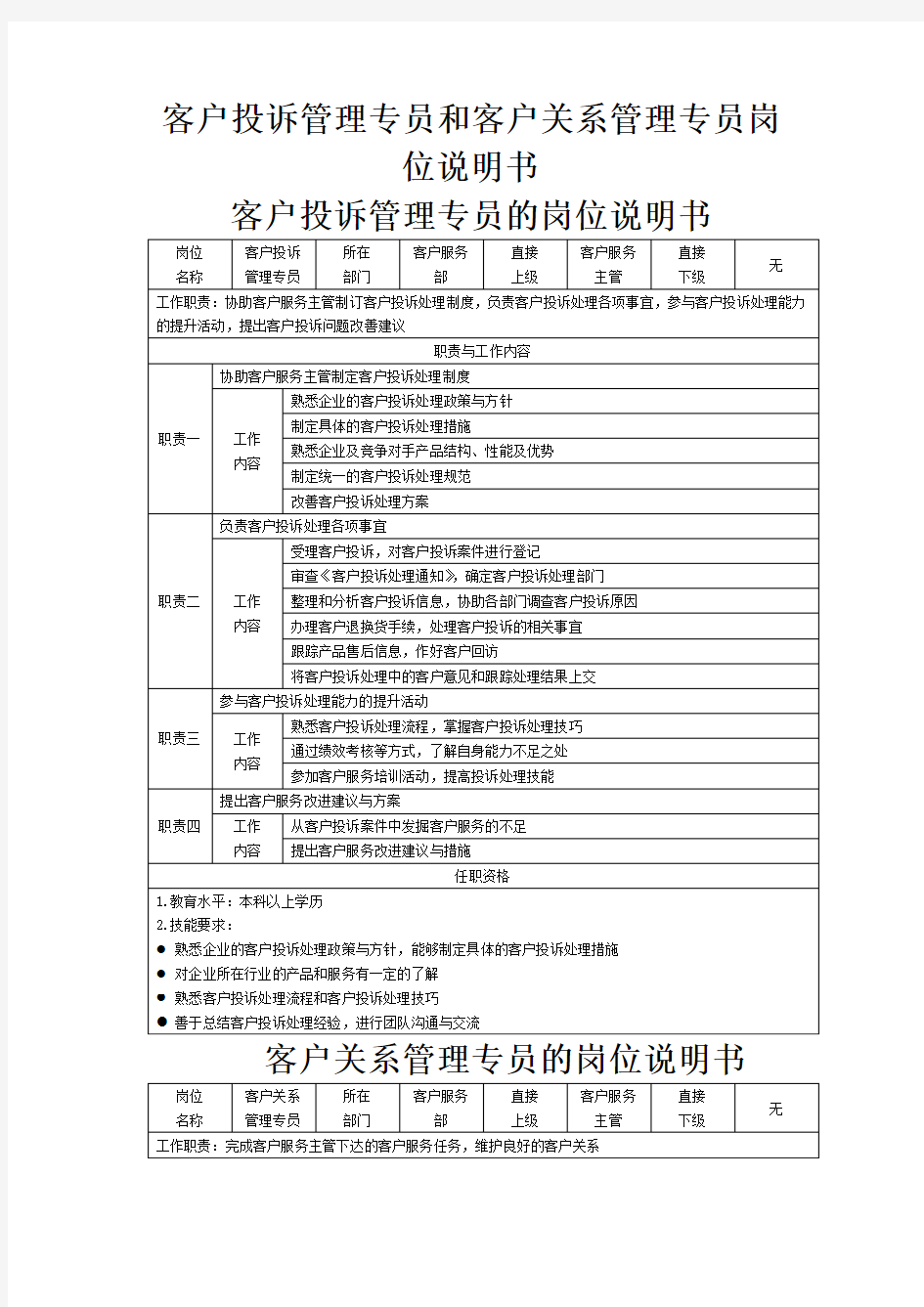 客户投诉和客户关系管理专员的岗位说明书