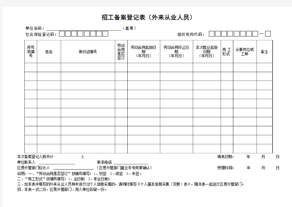 《招工备案登记表(外来从业人员)》