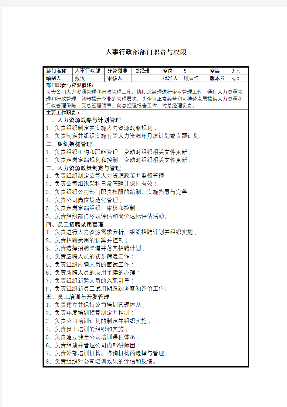 人事行政部部门职责与权限