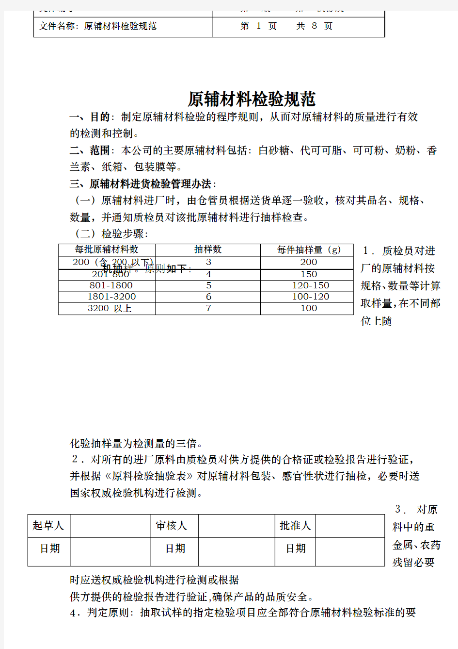 食品公司原辅材料检验规范标准