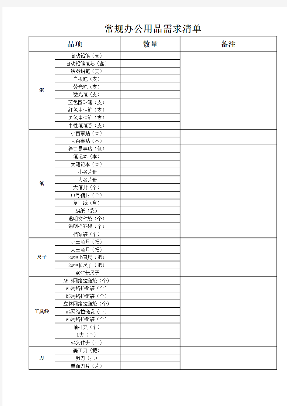 常用办公用品清单