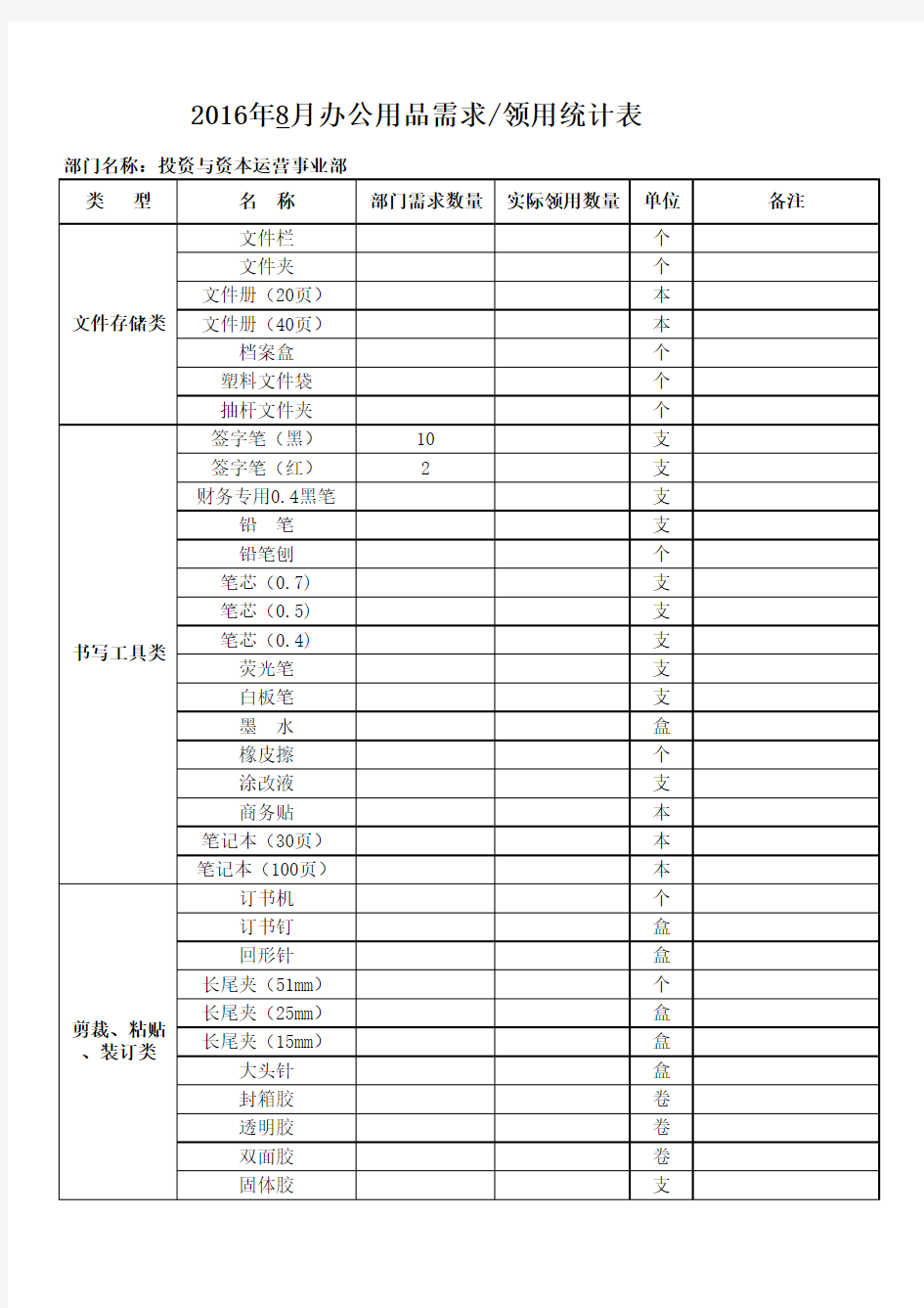 办公用品需求统计表