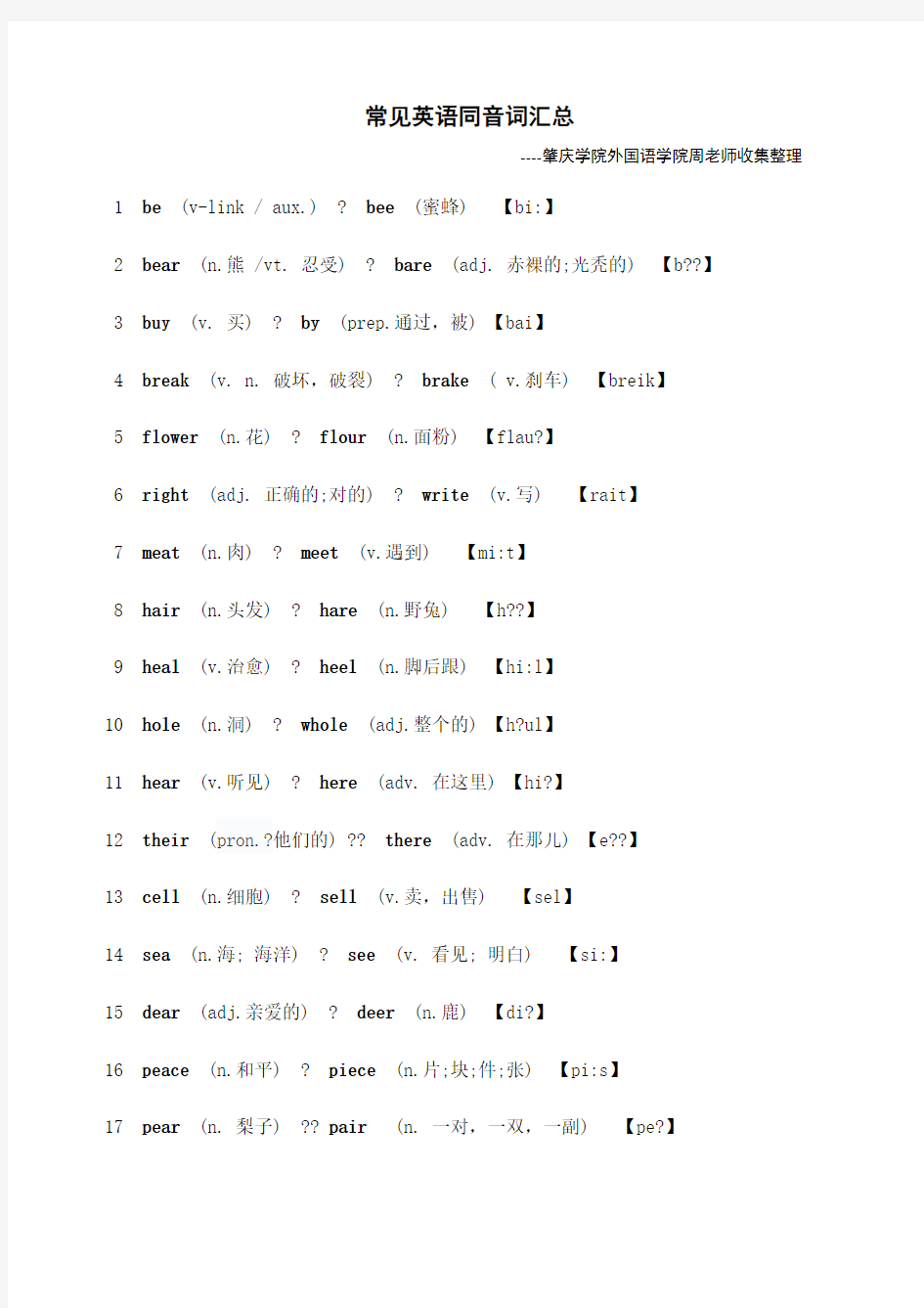 常见英语同音词配中文翻译及音标