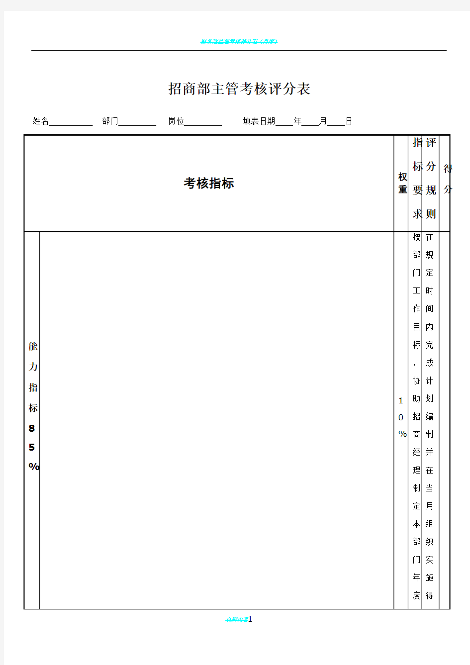 招商部主管绩效考核表