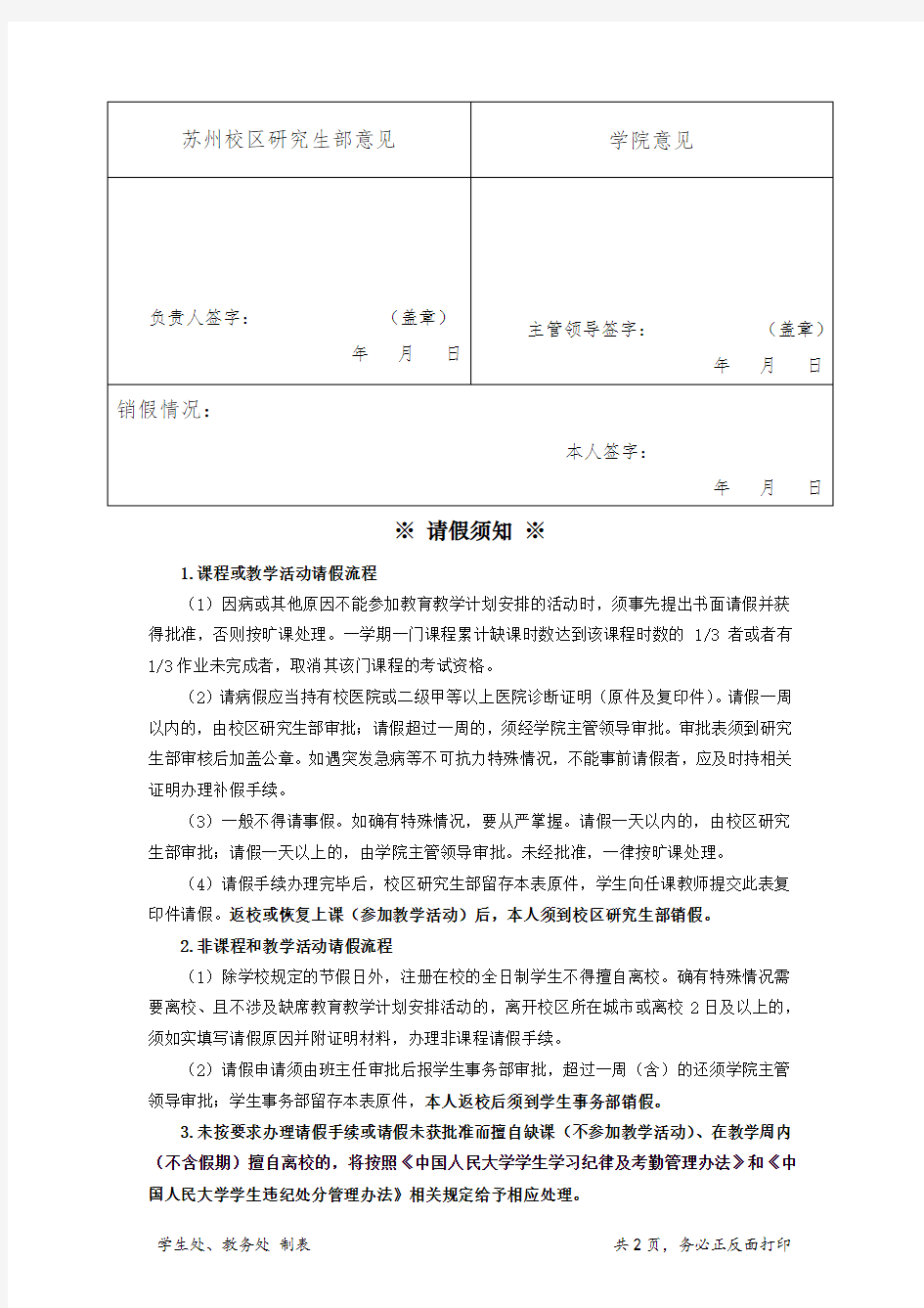 中国人民大学国际学院学生请假申请审批表