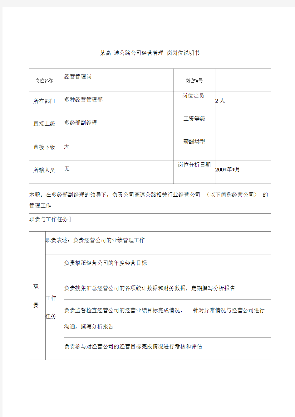 高速公路公司经营管理岗岗位说明书