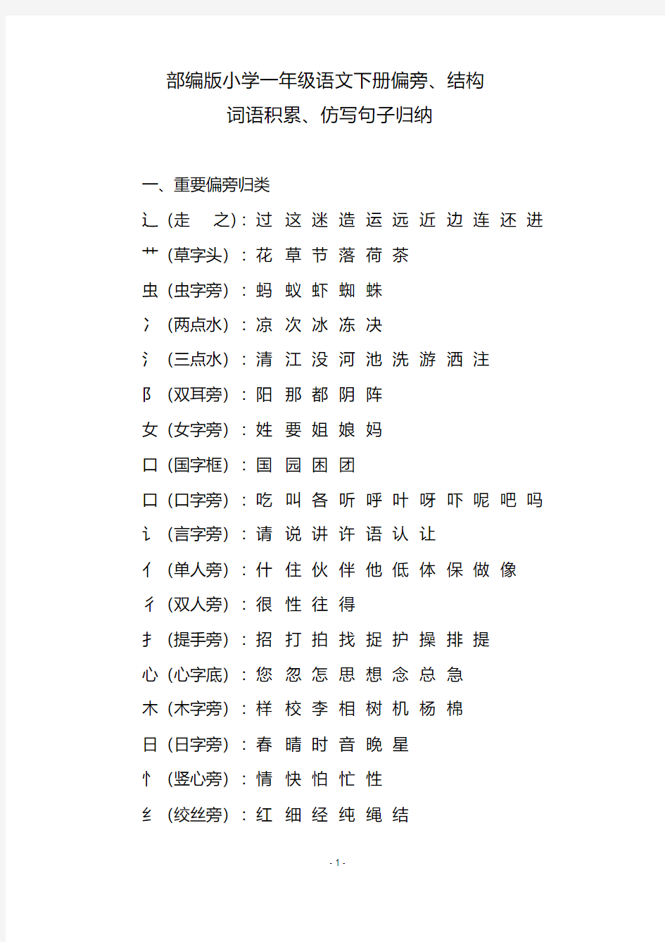 部编版小学一年级语文下册偏旁、结构、词语积累、仿写句子归纳