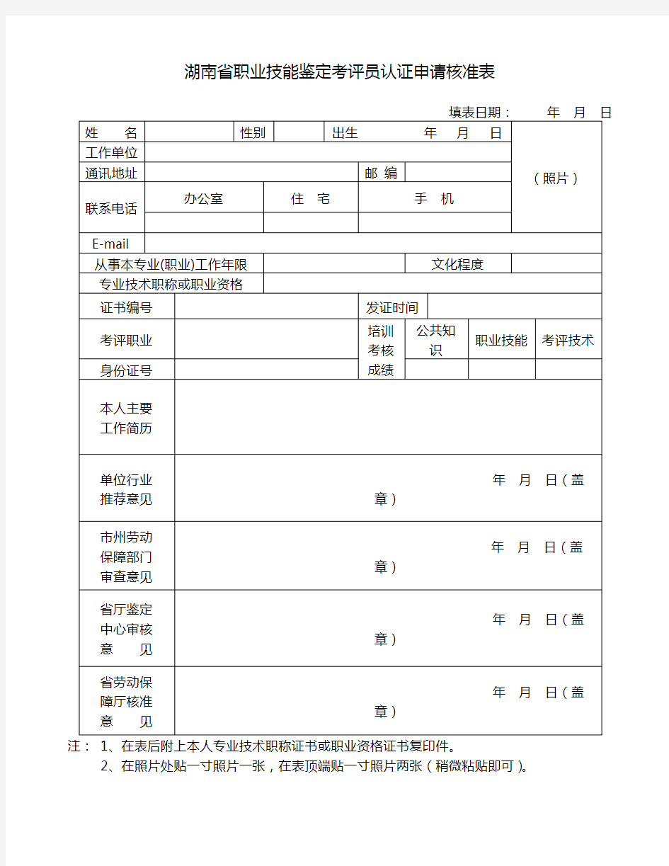 湖南省职业技能鉴定考评员认证申请核准表【模板】