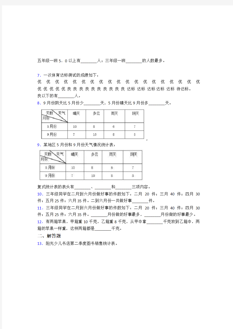 (必考题)小学数学三年级下册第三单元《复式统计表》 单元测试(有答案解析)(5)