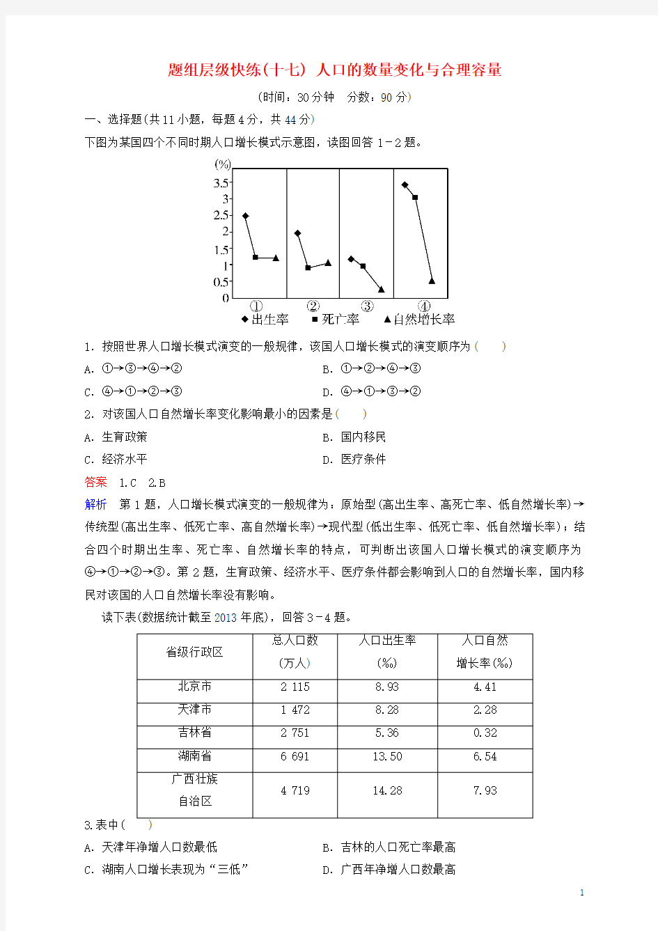 2018高考地理一轮复习题组层级快练17人口的数量变化与合理容量