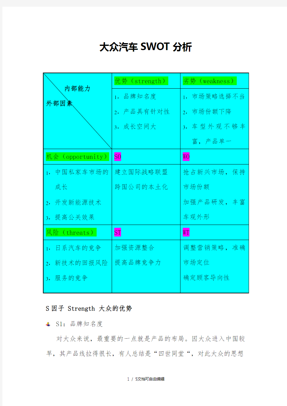 大众汽车SWOT分析