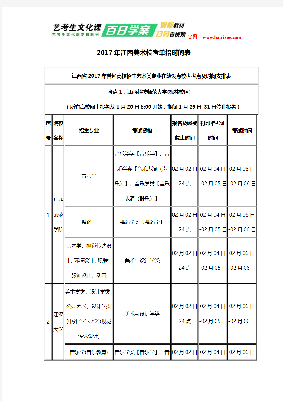 江西省2017年艺考校考时间表