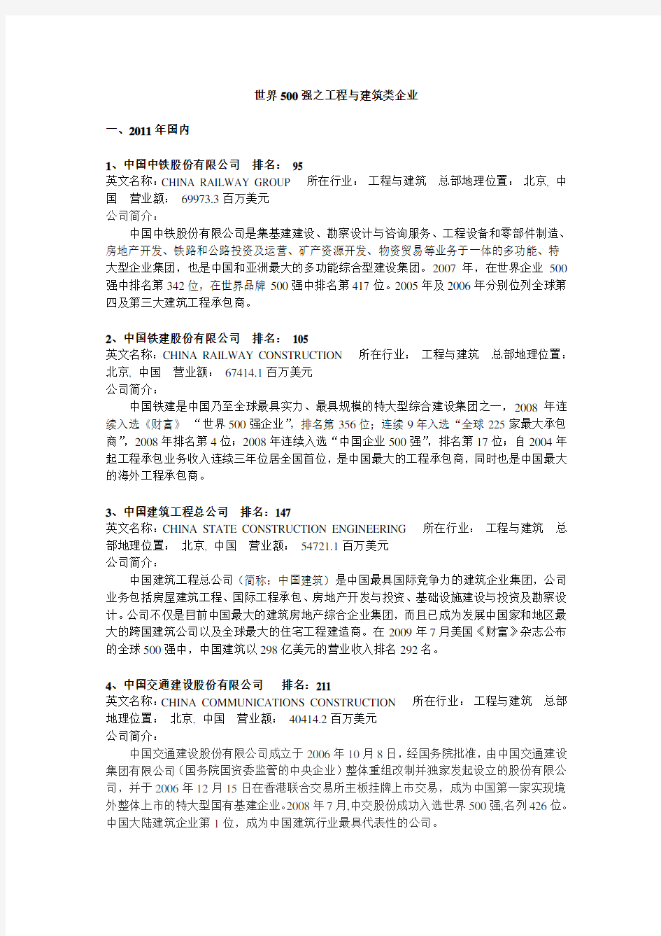 世界500强之工程与建筑类企业