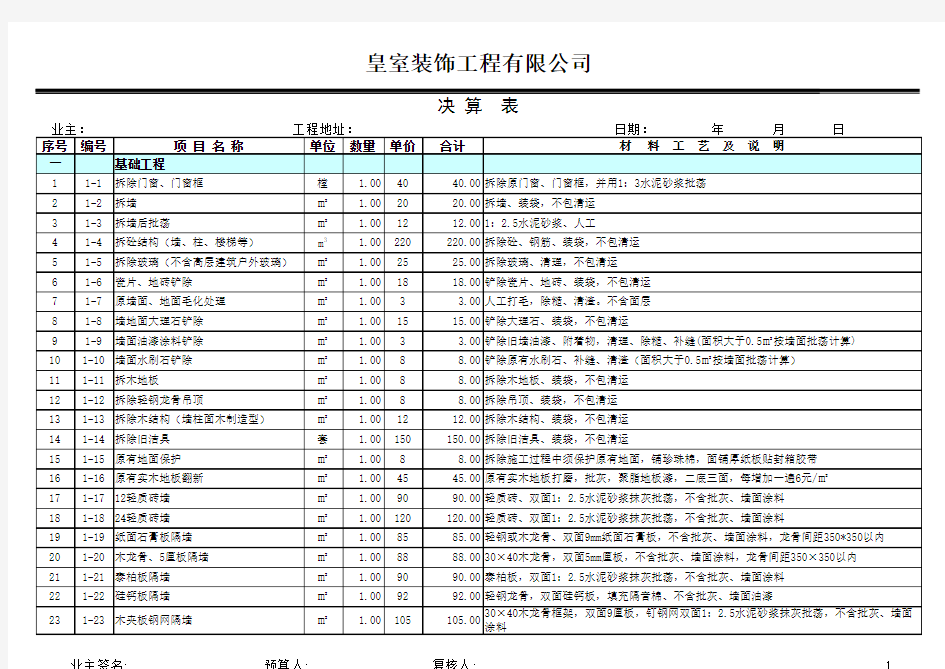 装饰公司报价表 完整版 