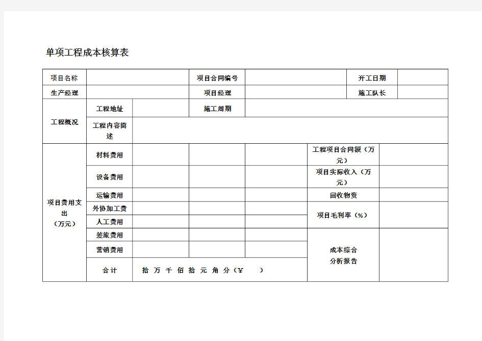 工程项目成本核算表格