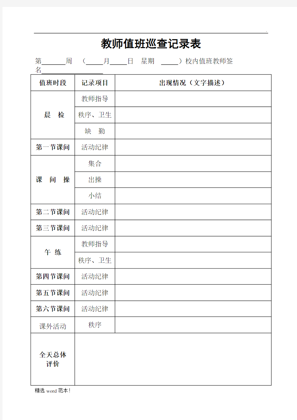 教师值班巡查记录表