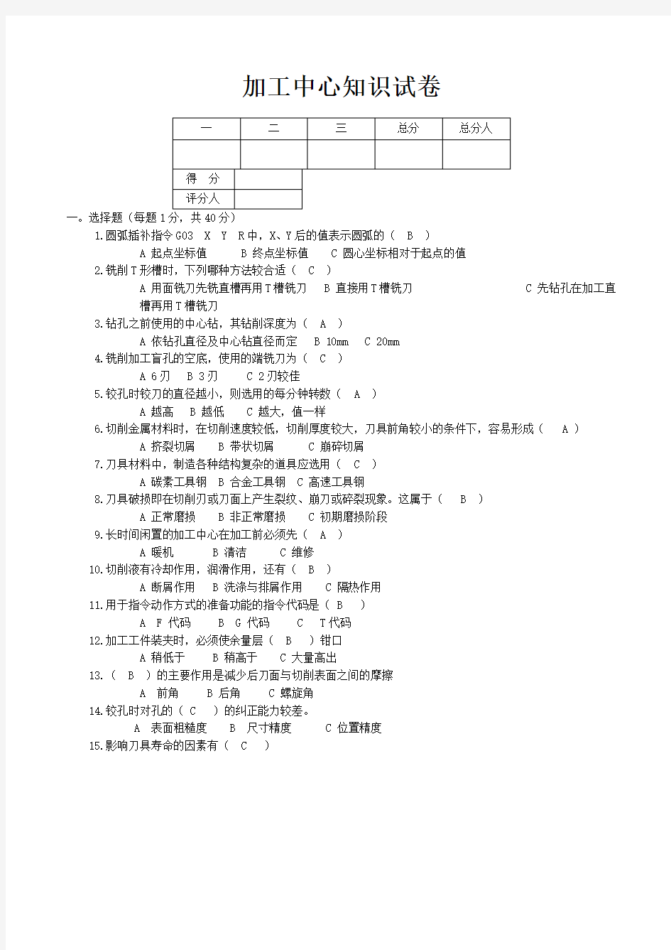 加工中心考试试题