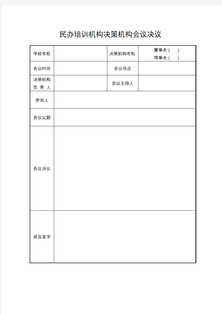 上海市民办培训机构决策机构会议决议(空表)