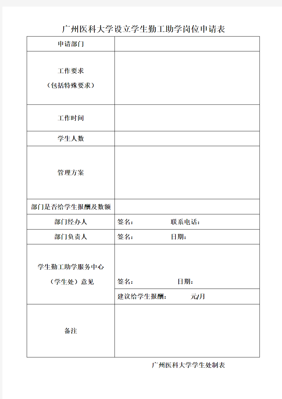 勤工助学岗位申请表