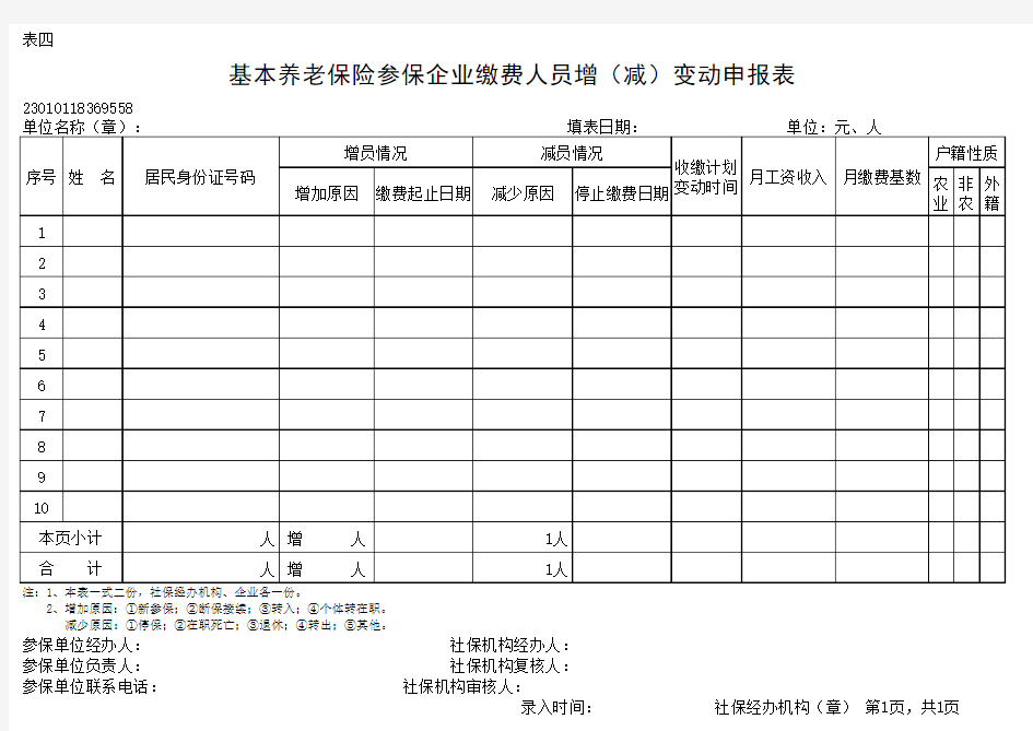 基本养老保险参保企业缴费人员增(减)变动申报表