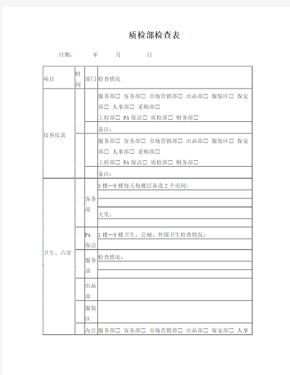 酒店质检部检查表