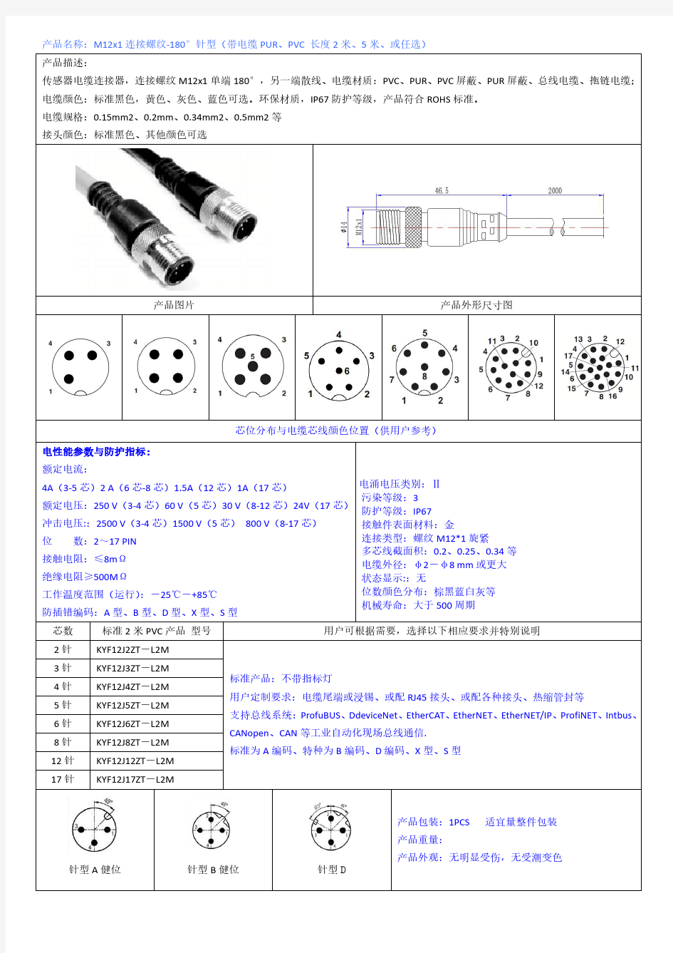 传感器连接器M12单端预制连接器航空插头