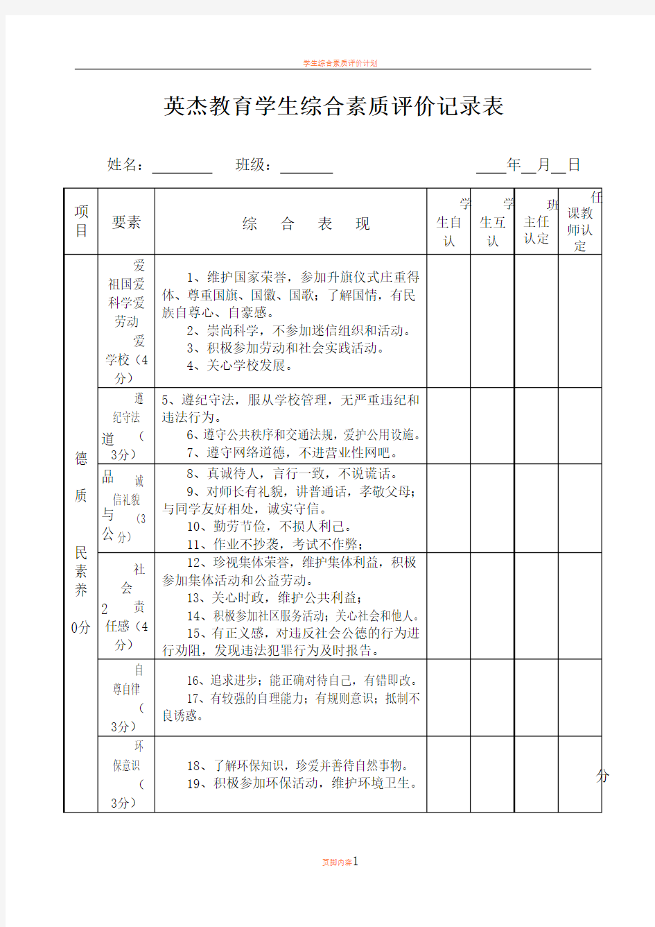 学生综合素质评价记录表