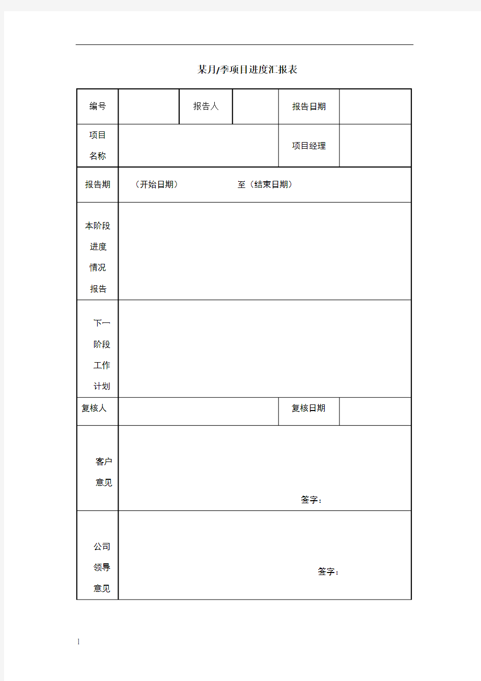 项目进度汇报表