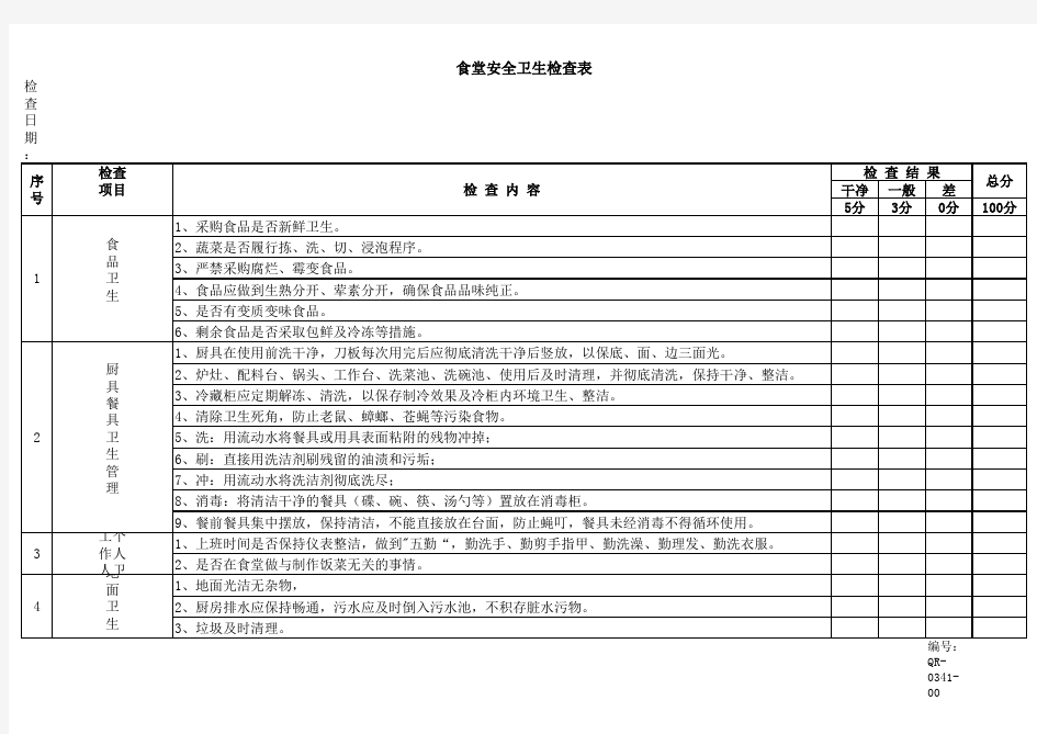 食堂安全卫生检查表