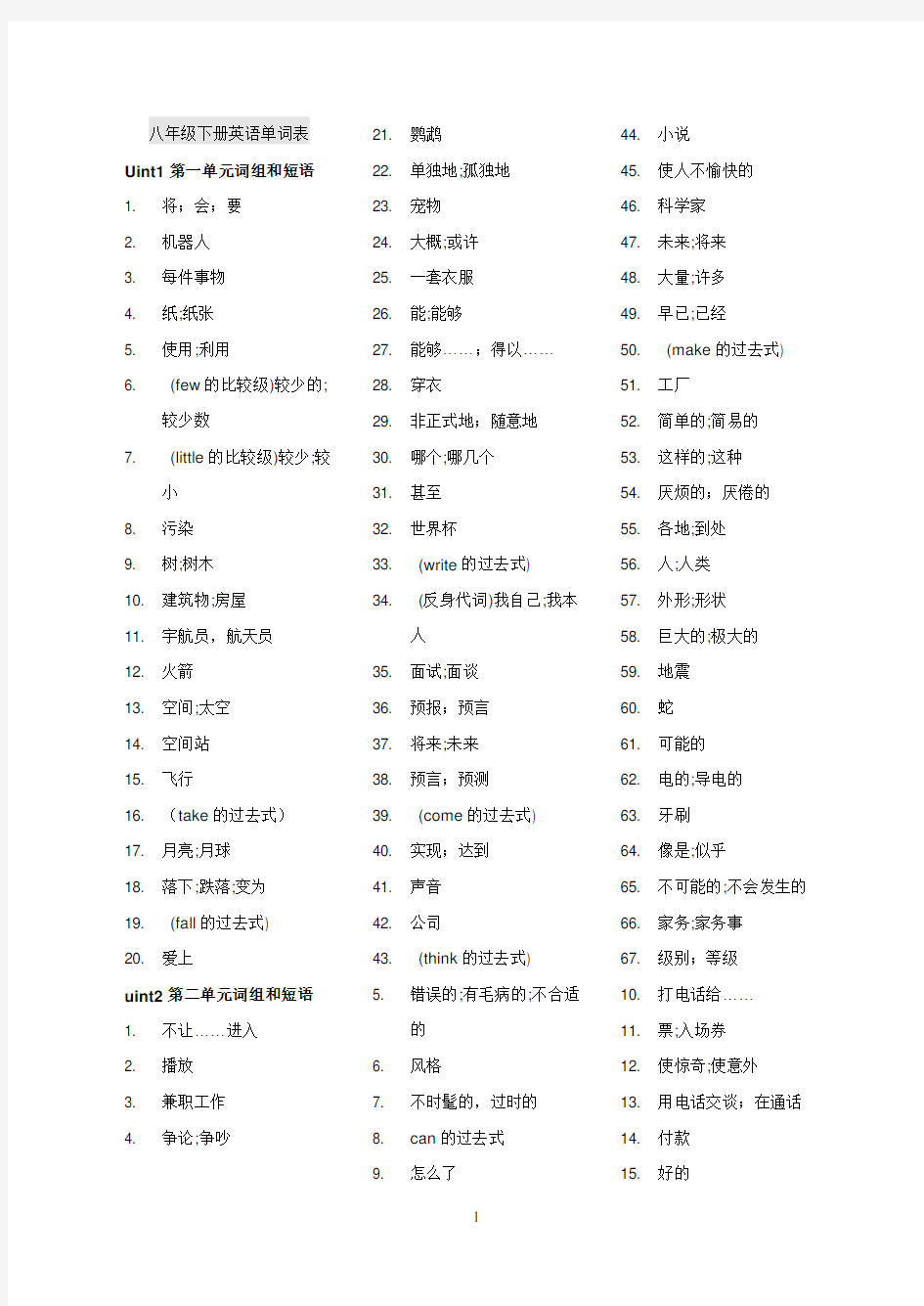 八年级下册英语单词表(中文版)