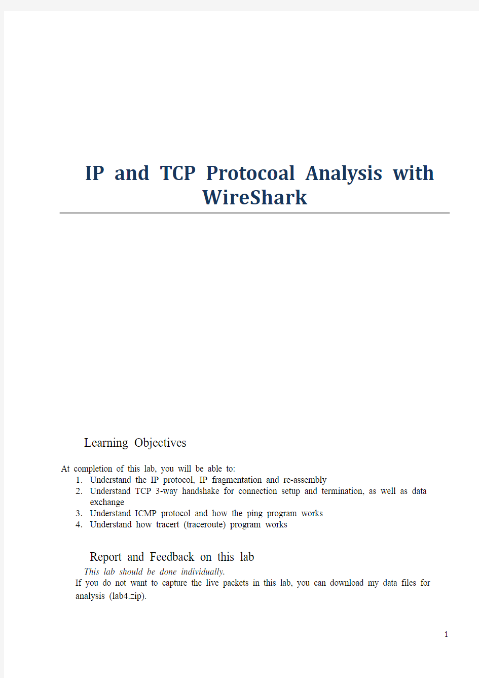 计网实验IP and TCP Protocoal Analysis with WireShark