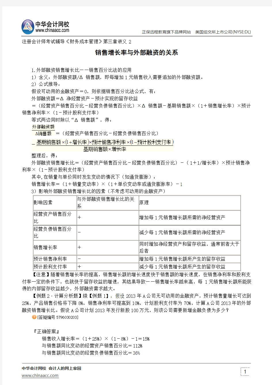 销售增长率与外部融资的关系--注册会计师辅导《财务成本管理》第三章讲义2