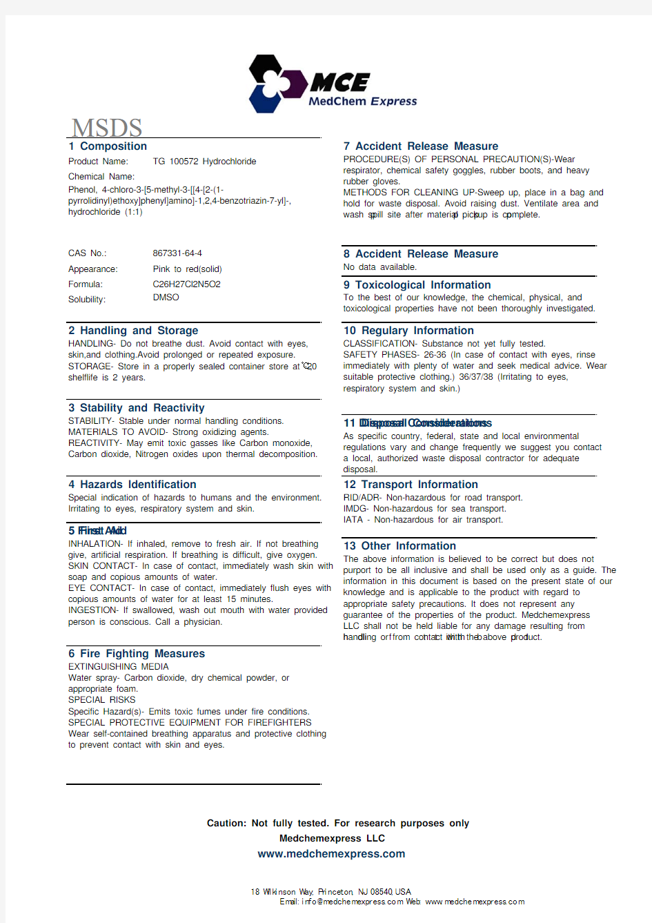 TG 100572 Hydrochloride_867331-64-4_MSDS_MedChemExpress