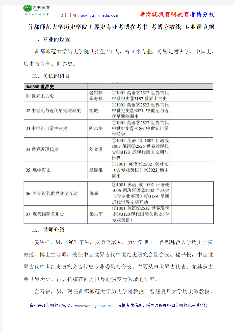 首都师范大学历史学院世界史专业考博参考书-考博分数线-专业课真题